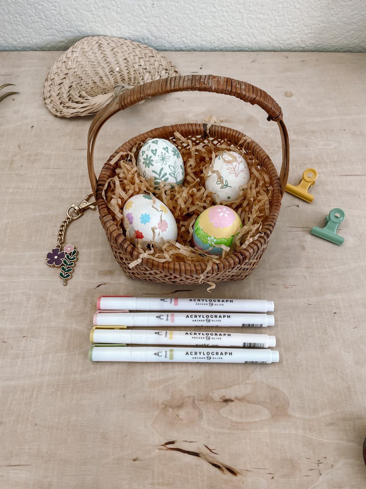 easter basket with painted eggs and acrylograph pens