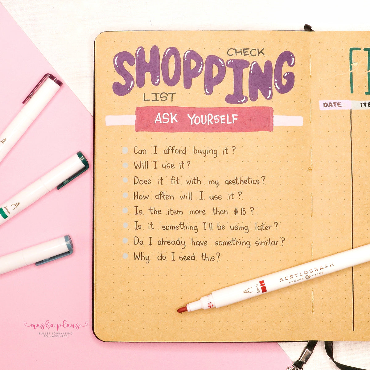 bullet journal ideas, masha plans, kraft journal, acrylograph pens, archer and olive, bujo, bullet journal, page ideas