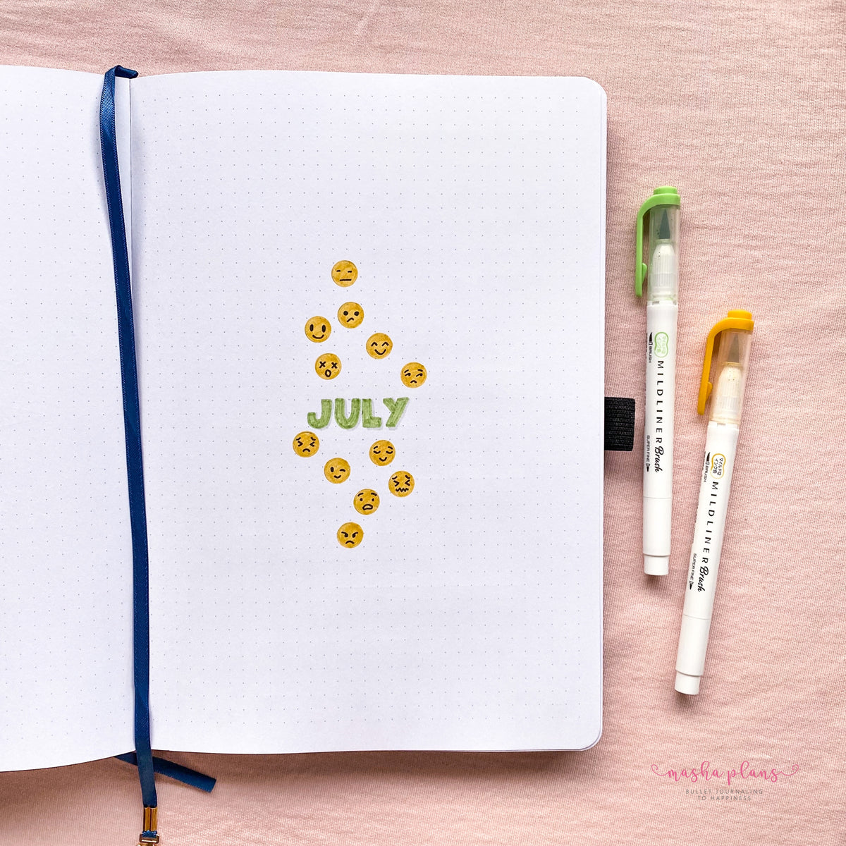 bullet journal, archer and olive, cover page, masha plans, emoji bujo