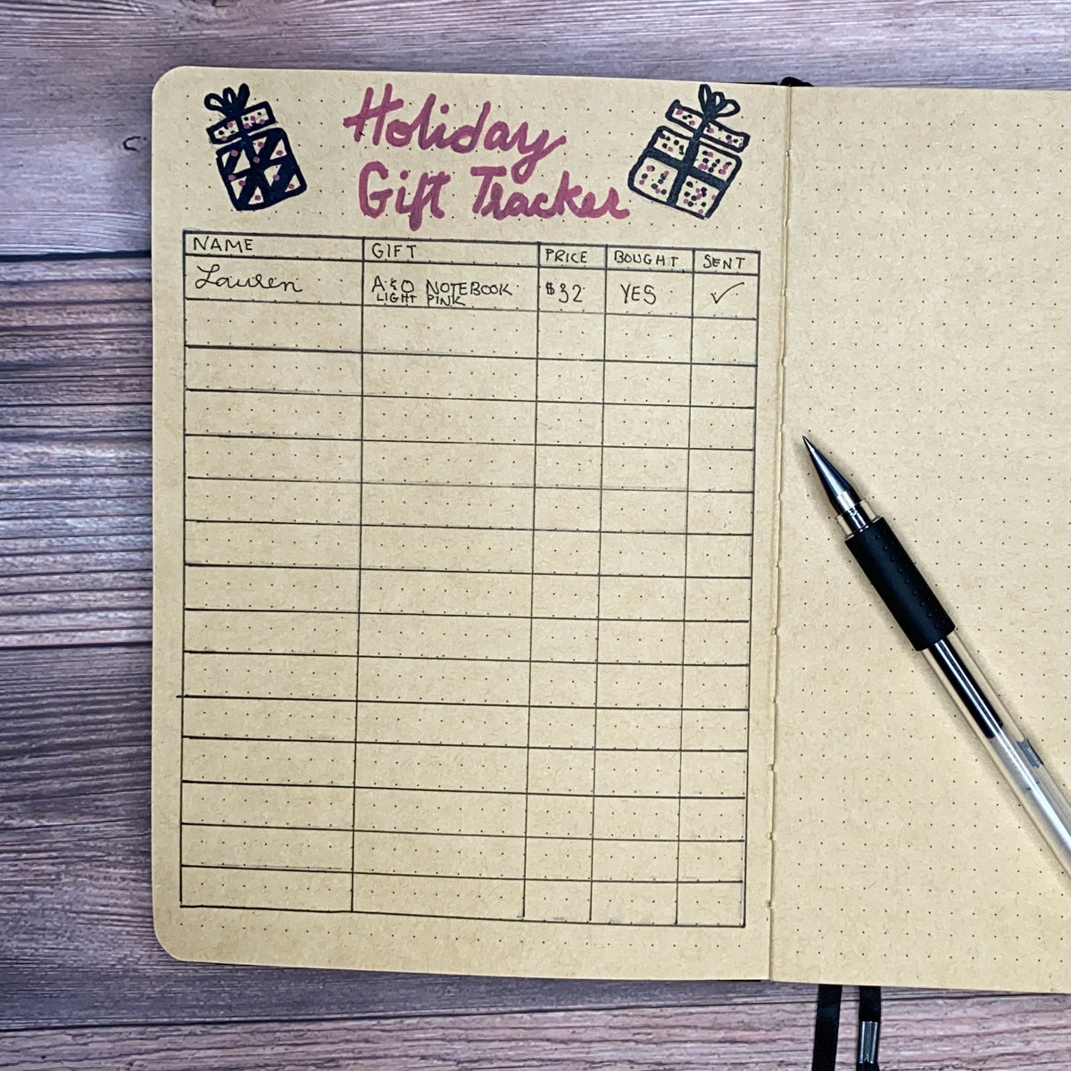 Bullet Journal Holiday Gift Tracker