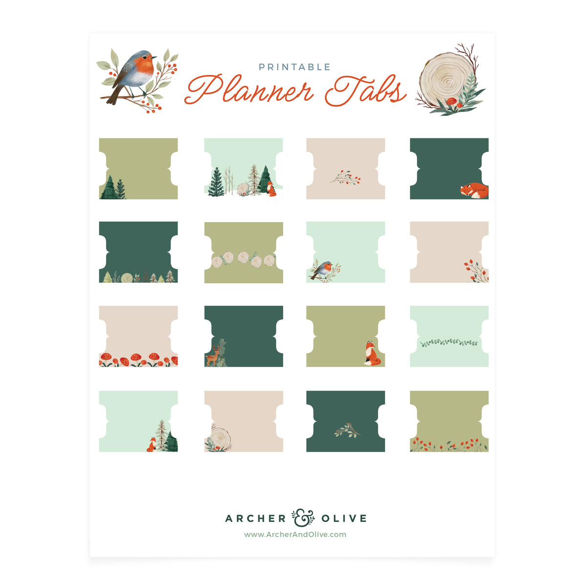 Fox in Winter Woods Printable Planner Tabs - Archer and Olive