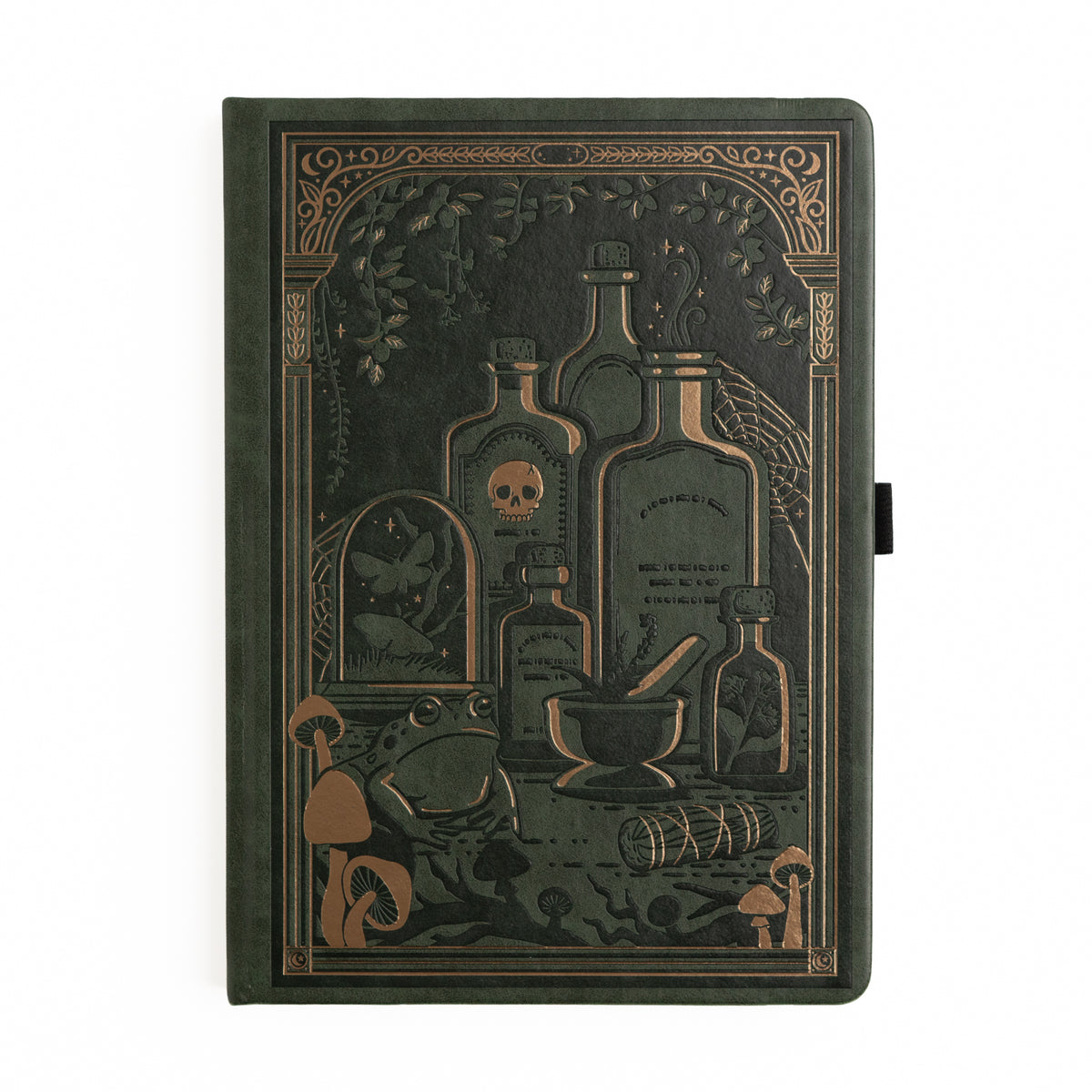 Olive-green vegan leather notebook with gold foil mushrooms & potion bottle illustrations.