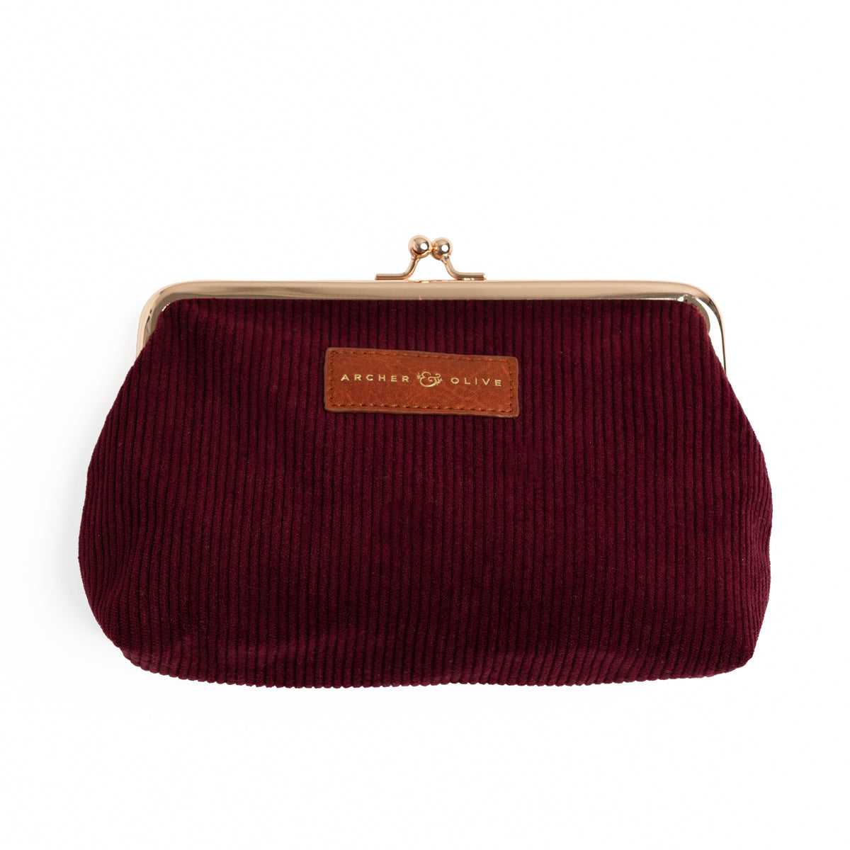 Maroon corduroy kiss-lock pouch with rose-gold frame and leather brand patch