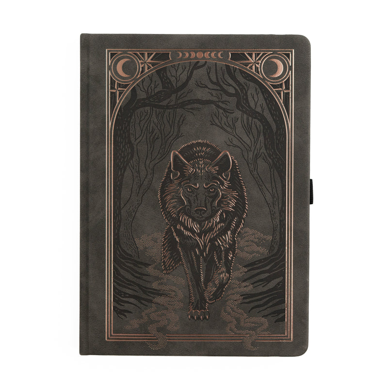 deep greenish grey notebook with wolf on the cover