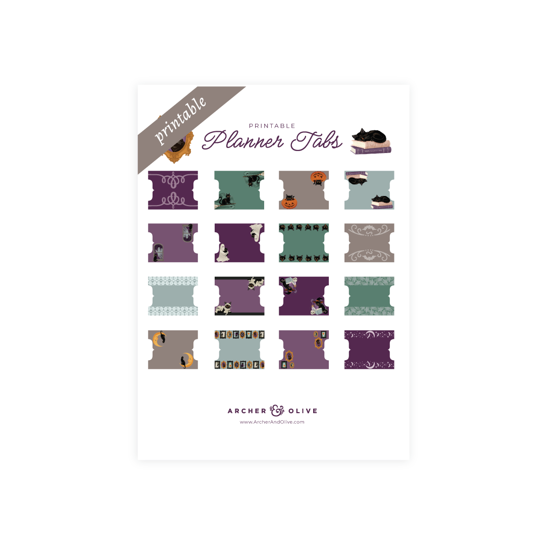 Digital printable Halloween tabs with jack-o'-lanterns, cats & ghosts.