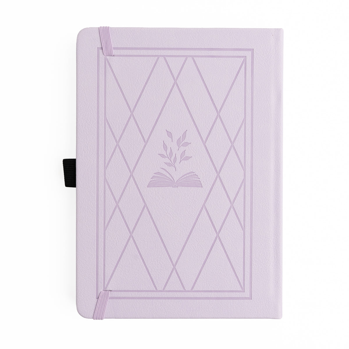 Lavender notebook with geometric design and leaf emblem on a white background