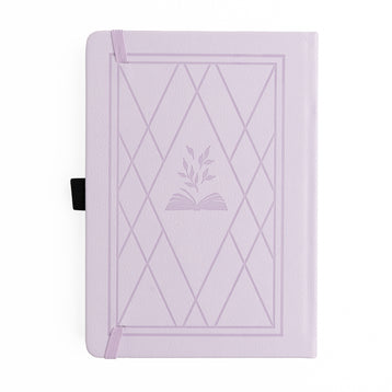Lavender notebook with geometric design and leaf emblem on a white background