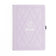 Lavender notebook with geometric design and floral emblem on a white background