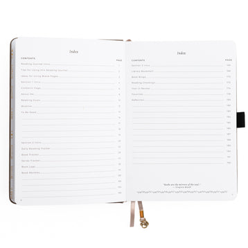 Open notebook displaying index pages on a white background