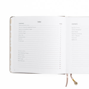 Open notebook displaying an index and table of contents on a white background