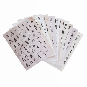 2-page letter sticker collection on uncoated matte paper. Wide font variety.
