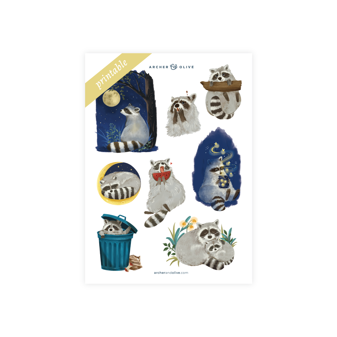 Printable Sticker: Radiant Raccoon - Archer and Olive