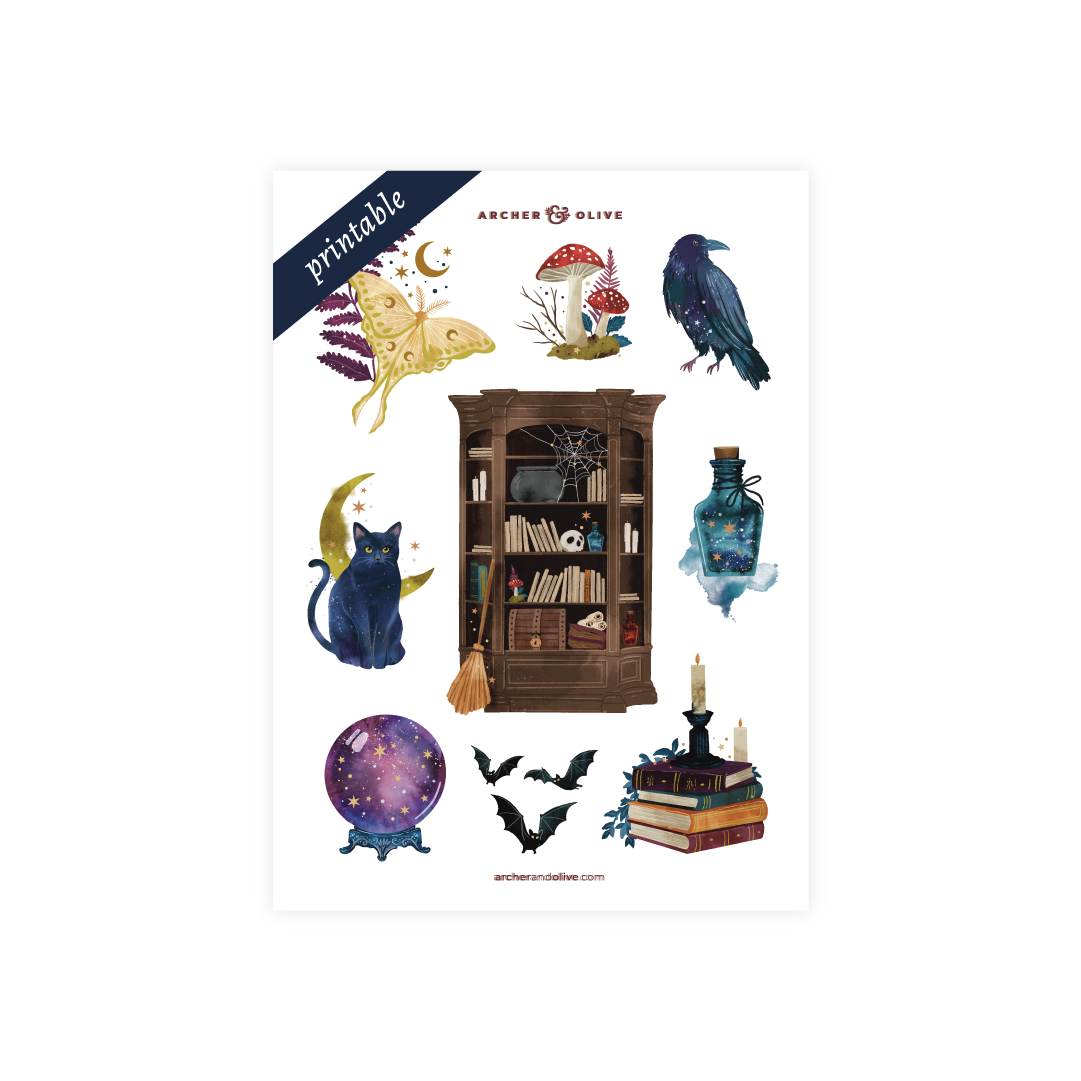 Raven & Books Printable Stickers - Archer and Olive